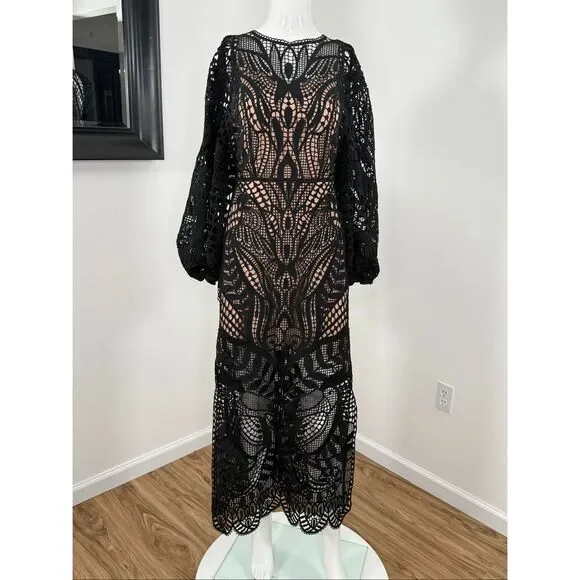 Farm Rio Womens Nature Guipure Lace Balloon Sleeve Midi Dress Black Size XS